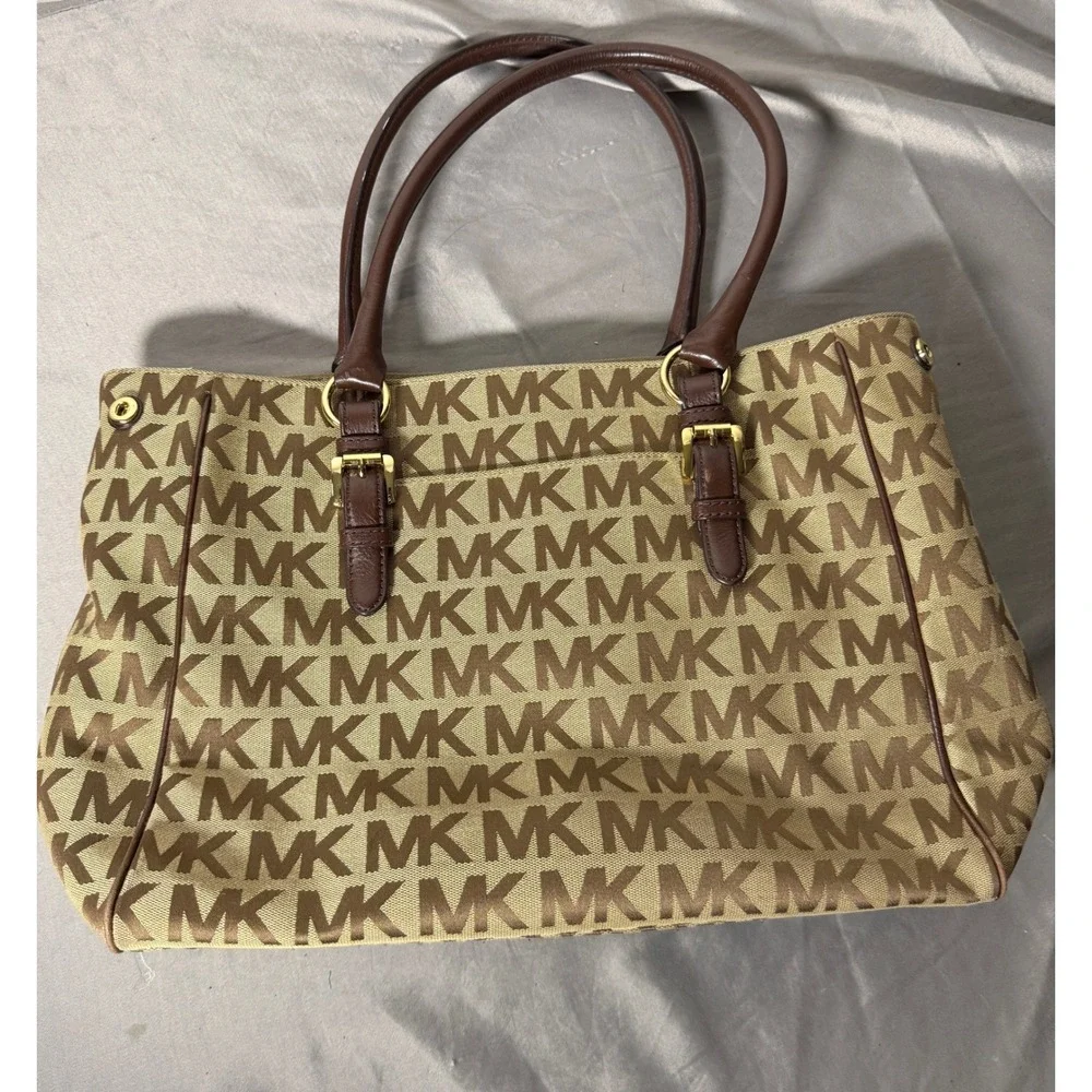 Michael Kors Monogram Jacquard Tote Bag Brown Beige Leather Trim Gold Hardware - Picture 6 of 12